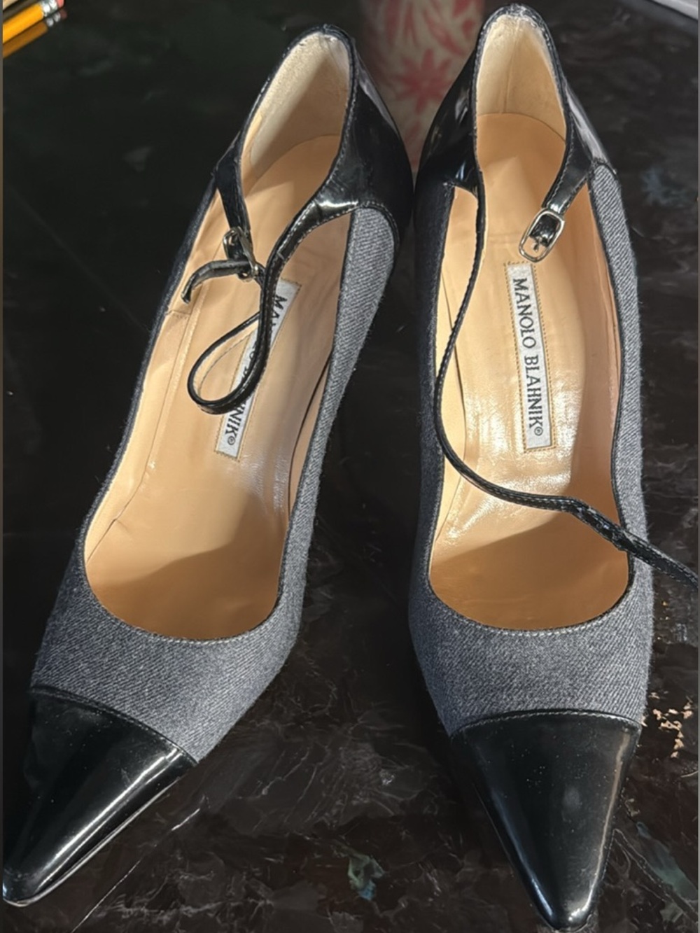 Manolo Blahnik Black and Gray Pointed-Toe Mary Jane Pumps (Offers welcome!)